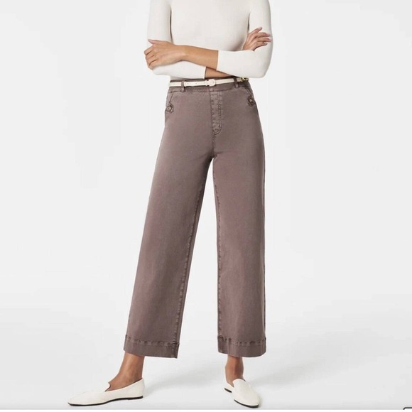NWT Spanx Stretch Twill Cropped Wide Leg Pants Cedar Size M PETITE Mocha Brown